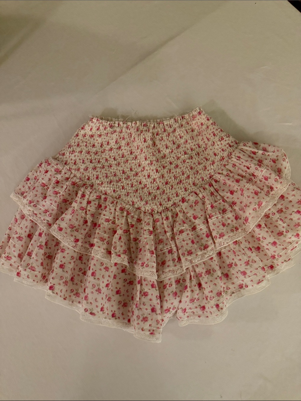LoveShackFancy Cream & Pink Smocked Ruffle Mini Skirt